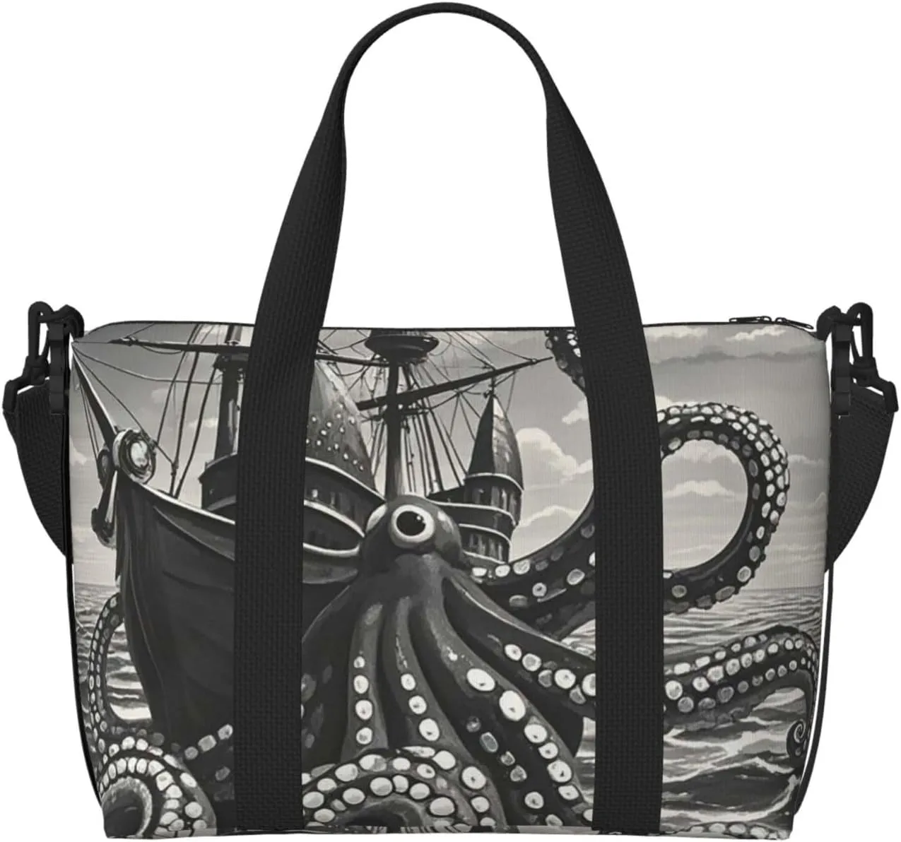 Gym Bag Black and White Octopus and Ship Duffel Bag for Men Women Travel Overnight Bag with Shoe Compartment Workout Bags