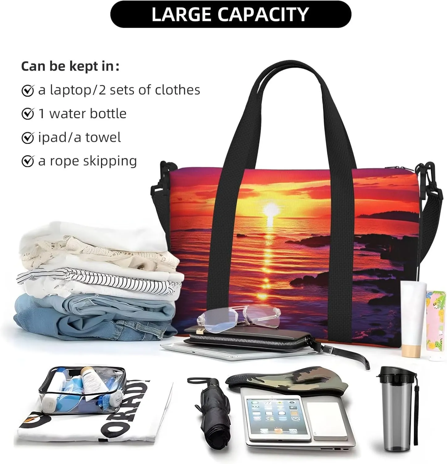 Gym Bag Calm sea sunset Duffel Bag for Men Women Travel Overnight Bag with Shoe Compartment Workout Bags