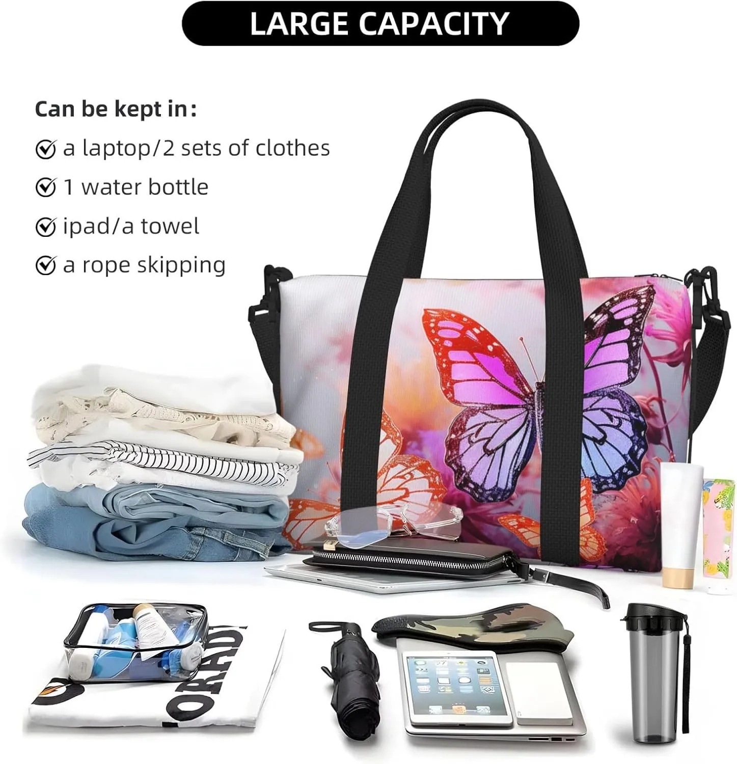 Gym Bag Color butterfly flower Duffel Bag for Men Women Travel Overnight Bag with Shoe Compartment Workout Bags