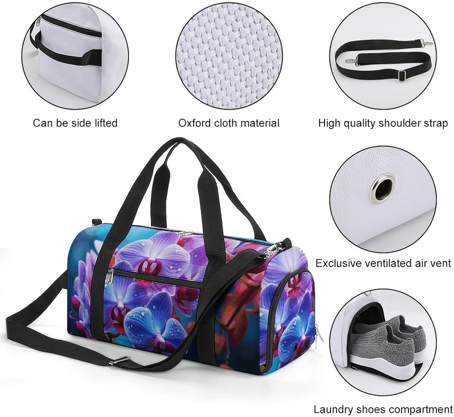 Gym Bag Colorful Orchids Flower Duffel Bag for Men Women Travel Overnight Bag with Shoe Compartment Workout Bags