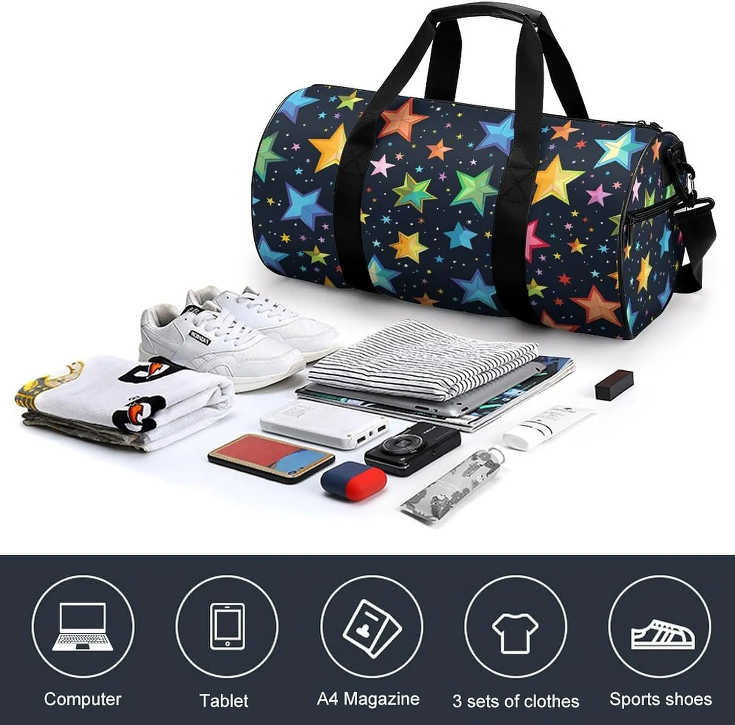 Gym Bag for Men Women Simple Colorful Stars Duffel Bag Overnight Bag with Compartment Gym Sackpac