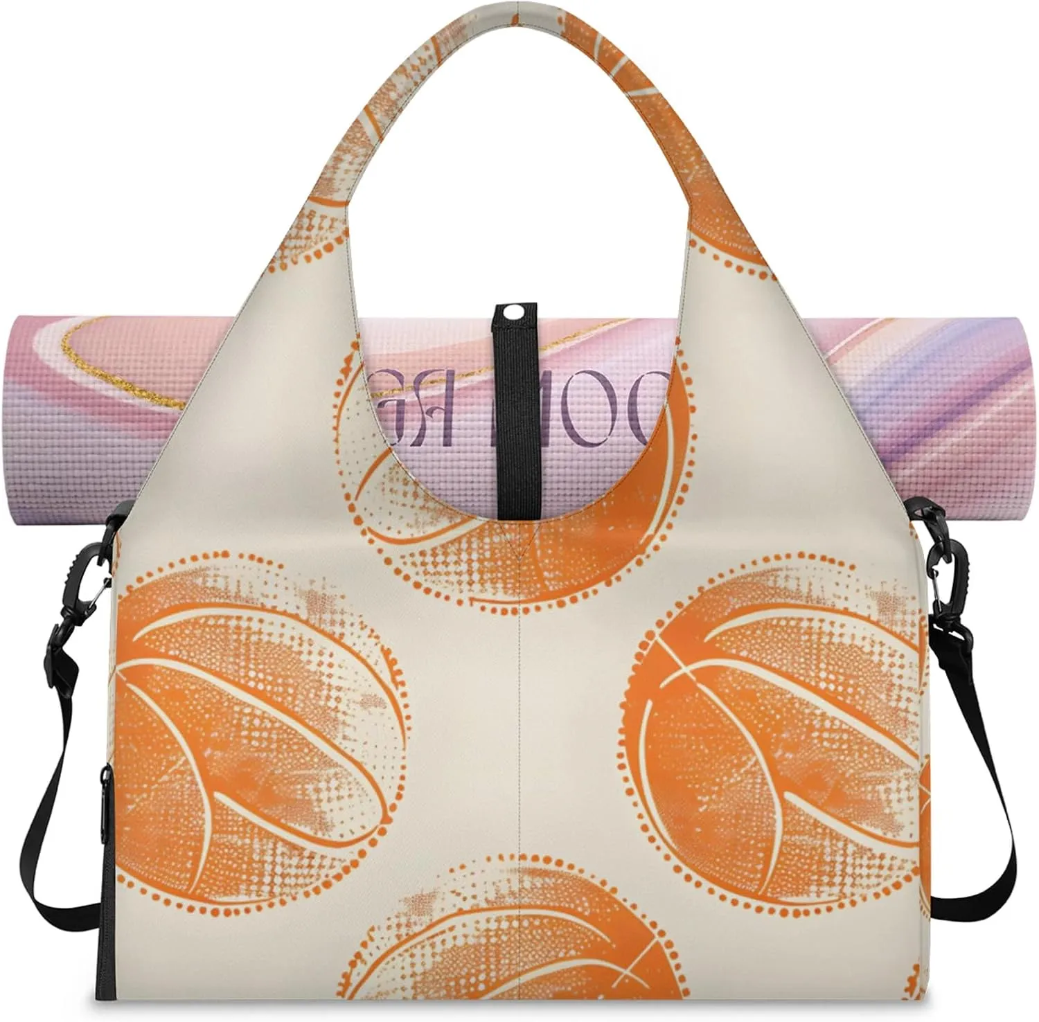 Gym Bag for Women Basketballs Design Duffel Bag with Shoe Compartment and Yoga Mat Holder Portable Weekender Bags Travel Tote Bags