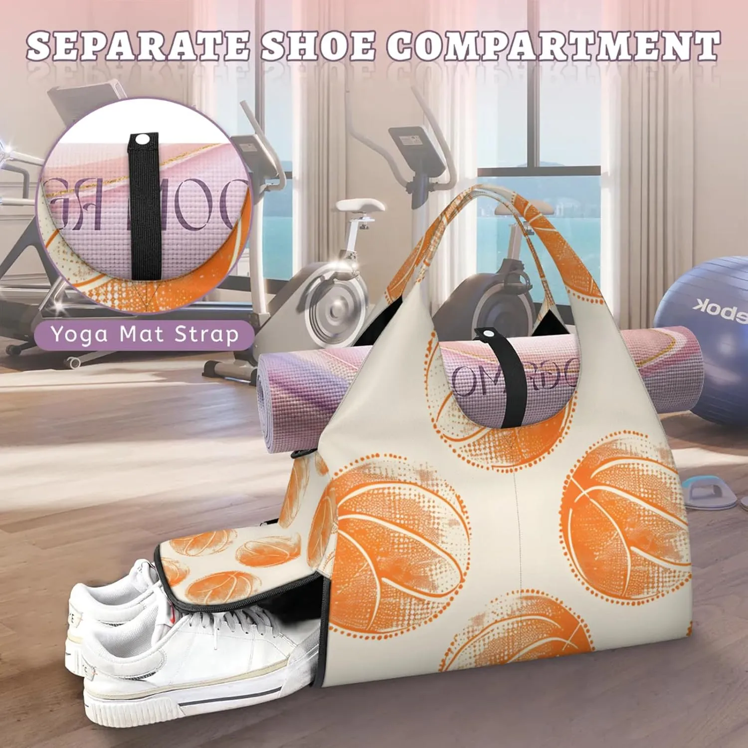 Gym Bag for Women Basketballs Design Duffel Bag with Shoe Compartment and Yoga Mat Holder Portable Weekender Bags Travel Tote Bags