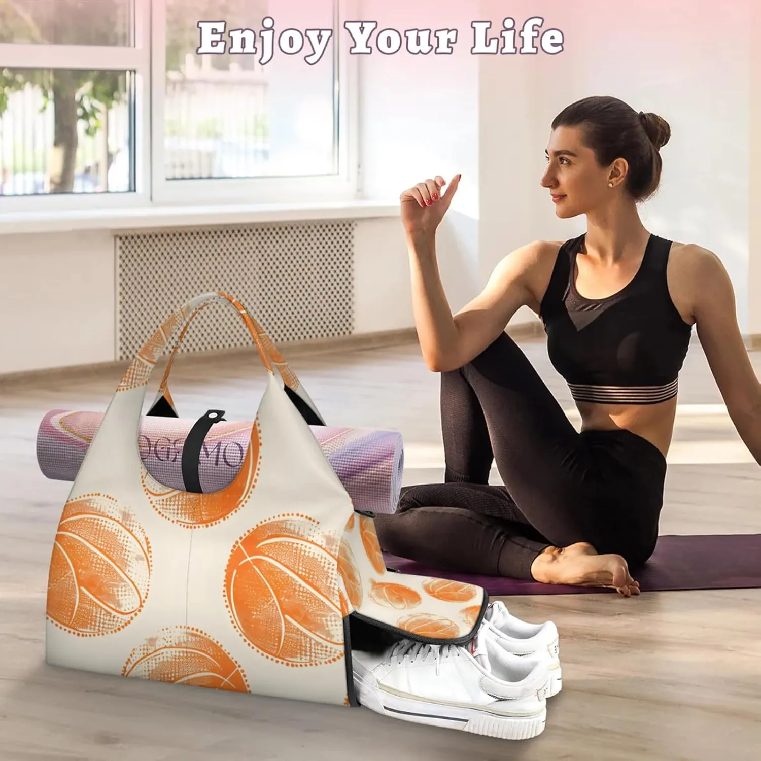 Gym Bag for Women Basketballs Design Duffel Bag with Shoe Compartment and Yoga Mat Holder Portable Weekender Bags Travel Tote Bags