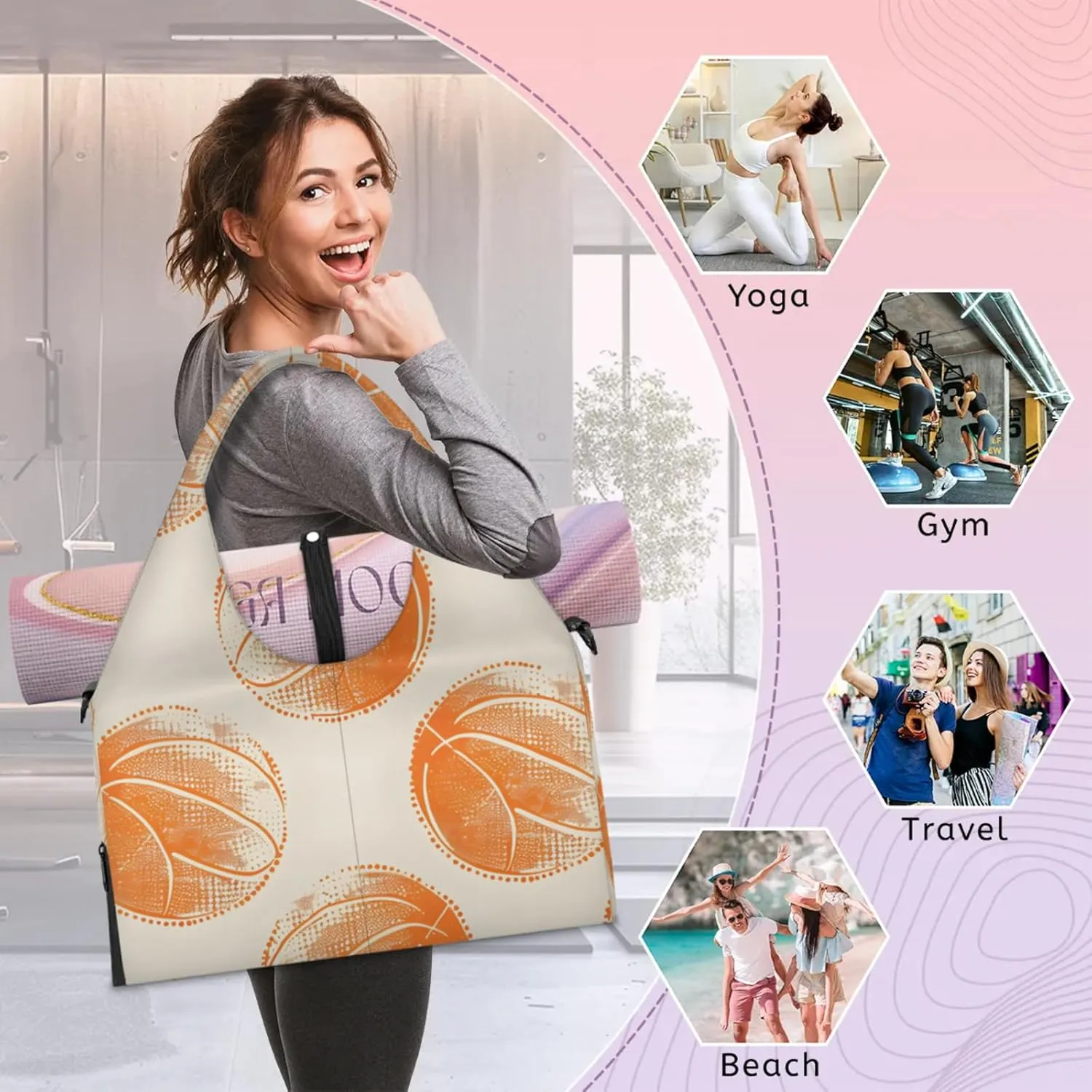 Gym Bag for Women Basketballs Design Duffel Bag with Shoe Compartment and Yoga Mat Holder Portable Weekender Bags Travel Tote Bags