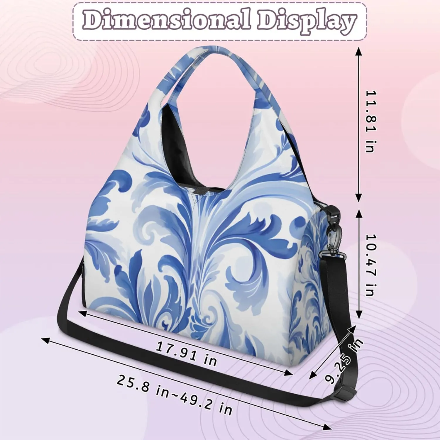 Gym Bag for Women Blue Floral Style Duffel Bag with Shoe Compartment and Yoga Mat Holder Portable Weekender Bags Travel Tote Bags