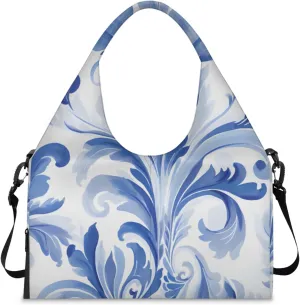 Gym Bag for Women Blue Floral Style Duffel Bag with Shoe Compartment and Yoga Mat Holder Portable Weekender Bags Travel Tote Bags