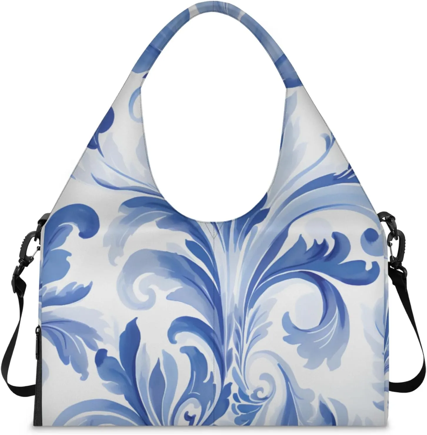 Gym Bag for Women Blue Floral Style Duffel Bag with Shoe Compartment and Yoga Mat Holder Portable Weekender Bags Travel Tote Bags