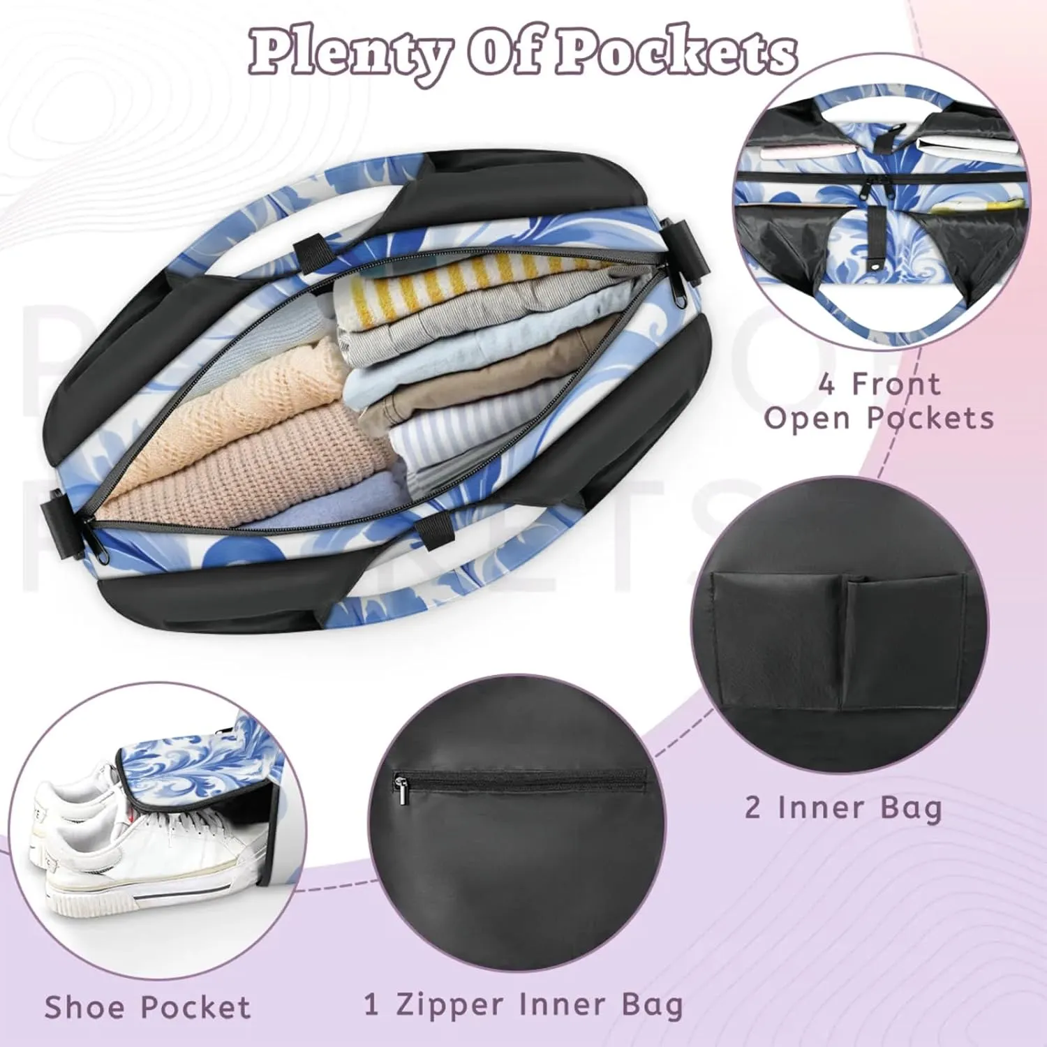 Gym Bag for Women Blue Floral Style Duffel Bag with Shoe Compartment and Yoga Mat Holder Portable Weekender Bags Travel Tote Bags