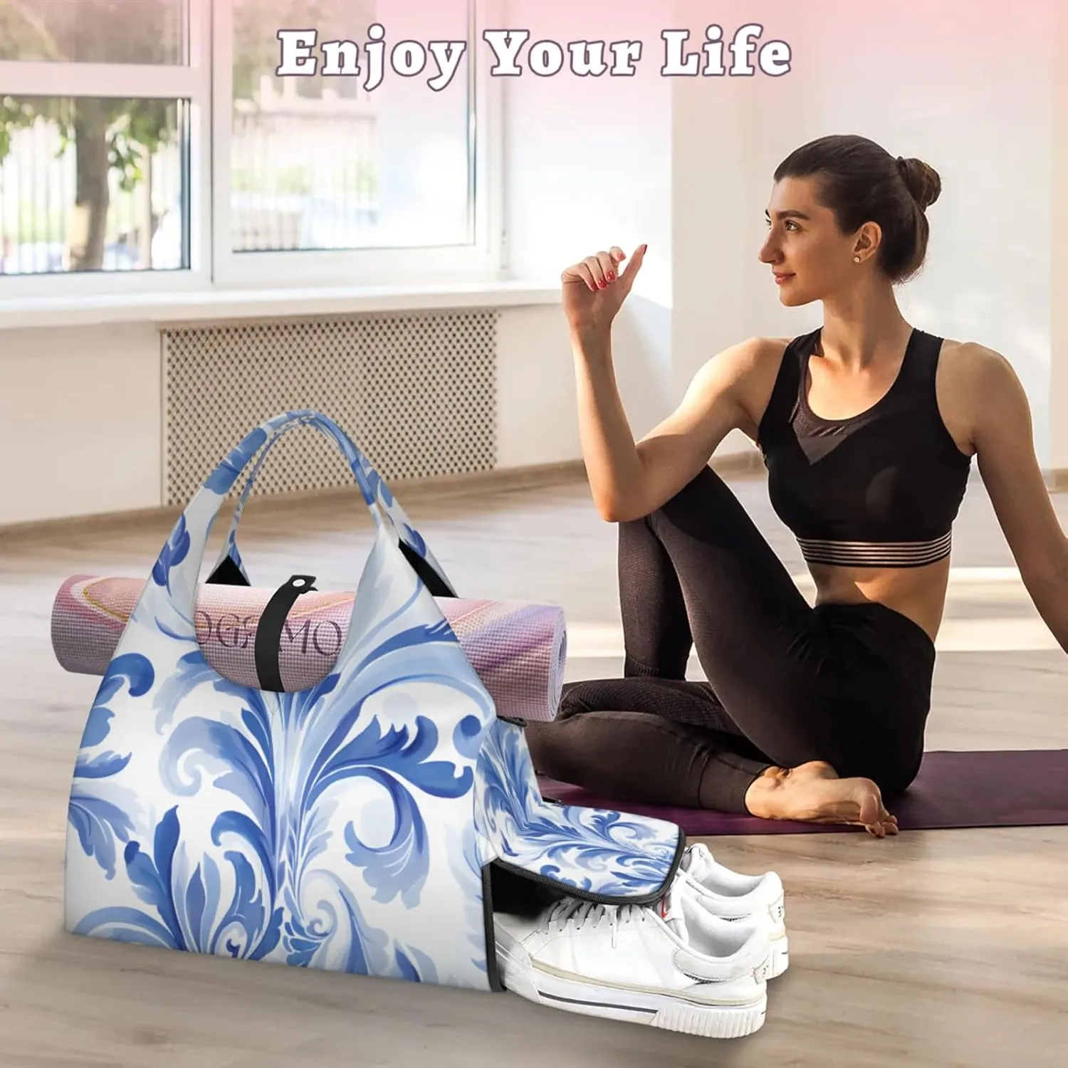 Gym Bag for Women Blue Floral Style Duffel Bag with Shoe Compartment and Yoga Mat Holder Portable Weekender Bags Travel Tote Bags