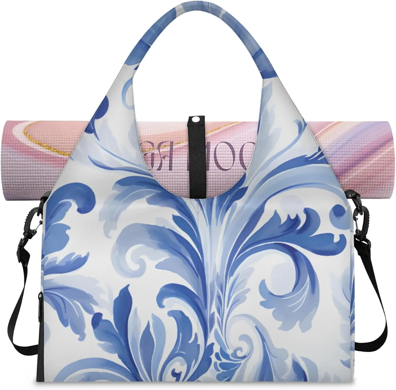 Gym Bag for Women Blue Floral Style Duffel Bag with Shoe Compartment and Yoga Mat Holder Portable Weekender Bags Travel Tote Bags
