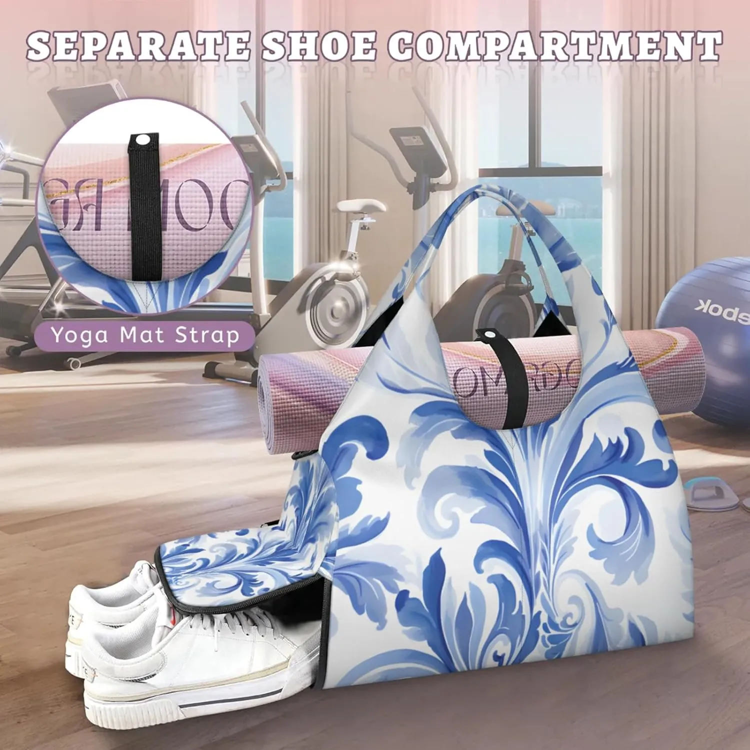 Gym Bag for Women Blue Floral Style Duffel Bag with Shoe Compartment and Yoga Mat Holder Portable Weekender Bags Travel Tote Bags