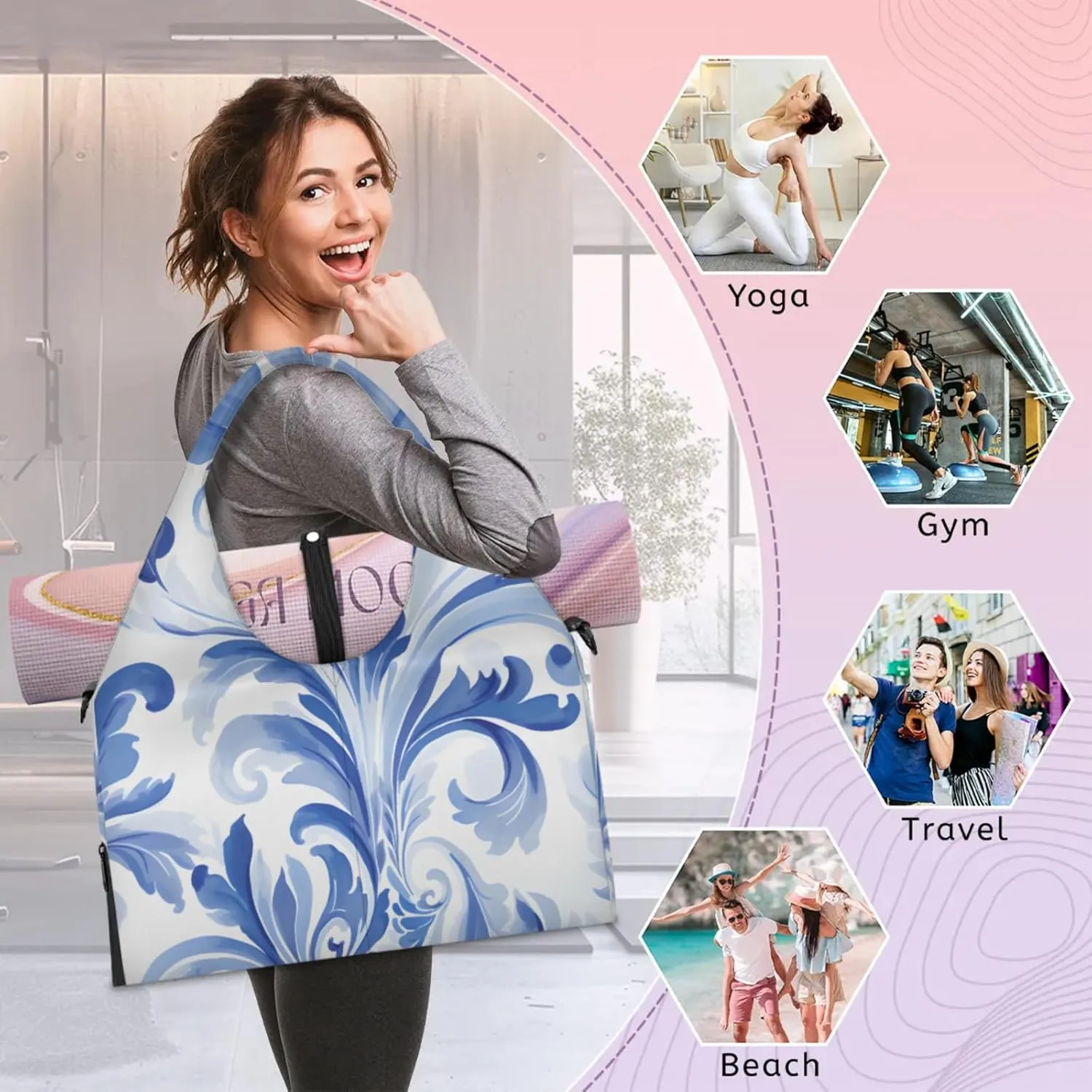 Gym Bag for Women Blue Floral Style Duffel Bag with Shoe Compartment and Yoga Mat Holder Portable Weekender Bags Travel Tote Bags