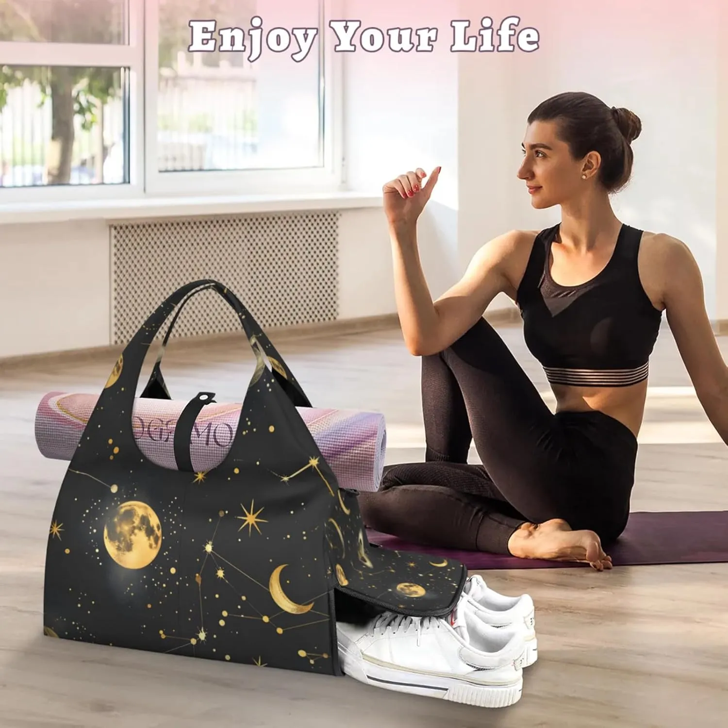 Gym Bag for Women Colorful Wood Board Duffel Bag with Shoe Compartment and Yoga Mat Holder Portable Weekender Bags