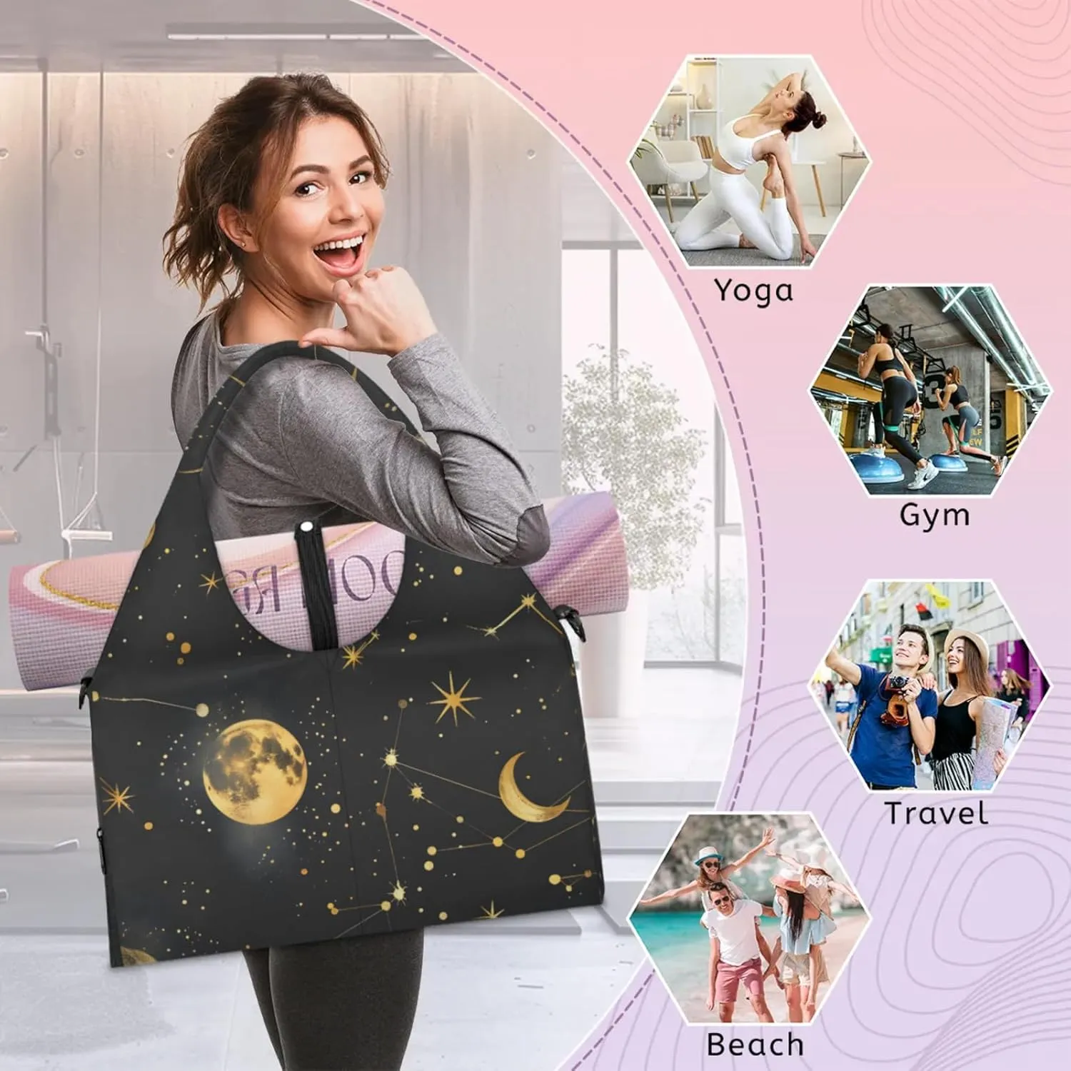 Gym Bag for Women Colorful Wood Board Duffel Bag with Shoe Compartment and Yoga Mat Holder Portable Weekender Bags