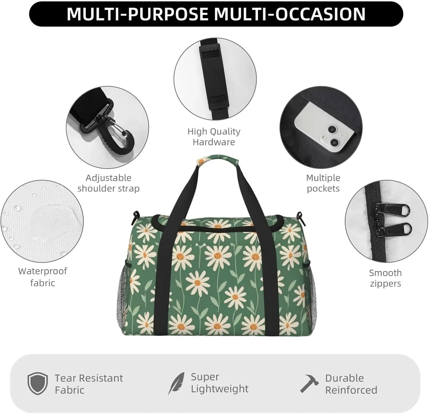 Gym Bag for Women Green Floral Hippie Daisy Carry on Weekender Overnight Bag Sage Green Travel Duffel Bags Tote Bag Workout Dance Bag