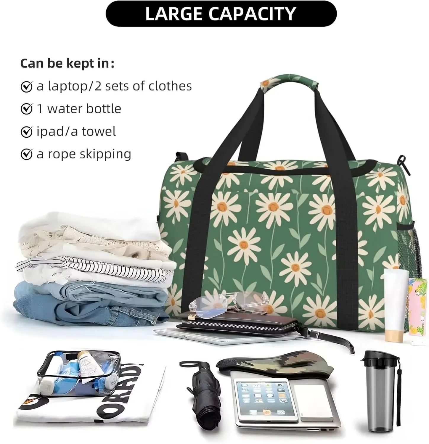 Gym Bag for Women Green Floral Hippie Daisy Carry on Weekender Overnight Bag Sage Green Travel Duffel Bags Tote Bag Workout Dance Bag