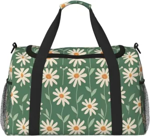 Gym Bag for Women Green Floral Hippie Daisy Carry on Weekender Overnight Bag Sage Green Travel Duffel Bags Tote Bag Workout Dance Bag
