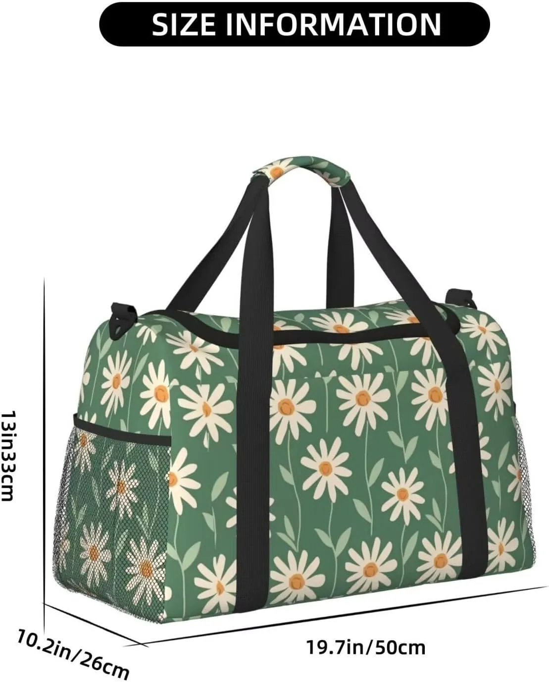 Gym Bag for Women Green Floral Hippie Daisy Carry on Weekender Overnight Bag Sage Green Travel Duffel Bags Tote Bag Workout Dance Bag