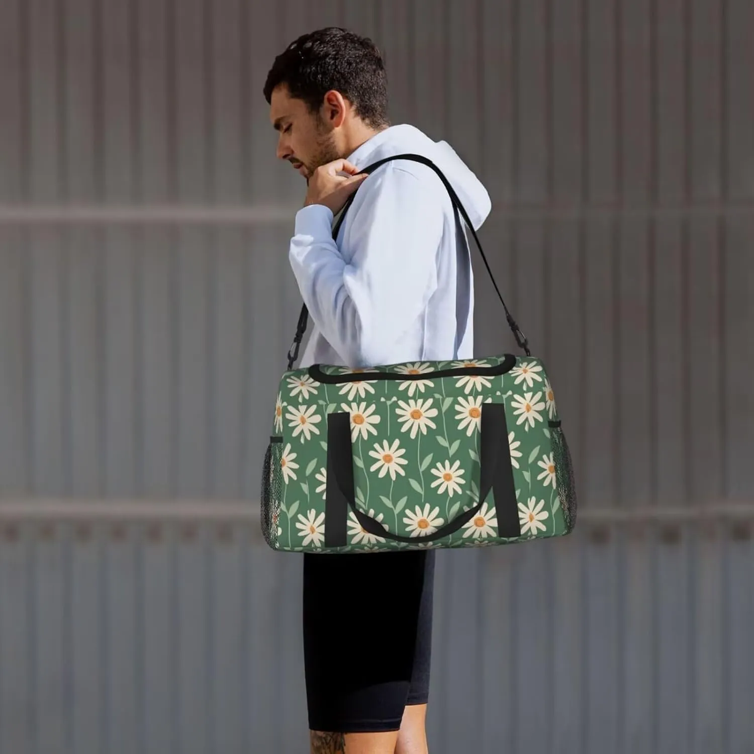 Gym Bag for Women Green Floral Hippie Daisy Carry on Weekender Overnight Bag Sage Green Travel Duffel Bags Tote Bag Workout Dance Bag