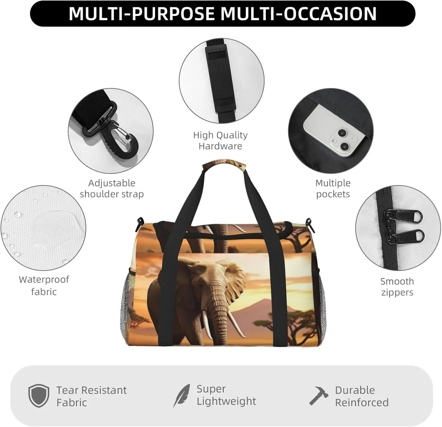 Gym Bag Walking Elephant1 Duffel Bag for Men Women Travel Overnight Bag with Shoe Compartment Workout Bags