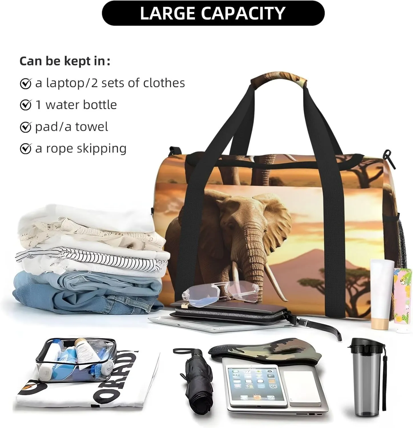 Gym Bag Walking Elephant1 Duffel Bag for Men Women Travel Overnight Bag with Shoe Compartment Workout Bags