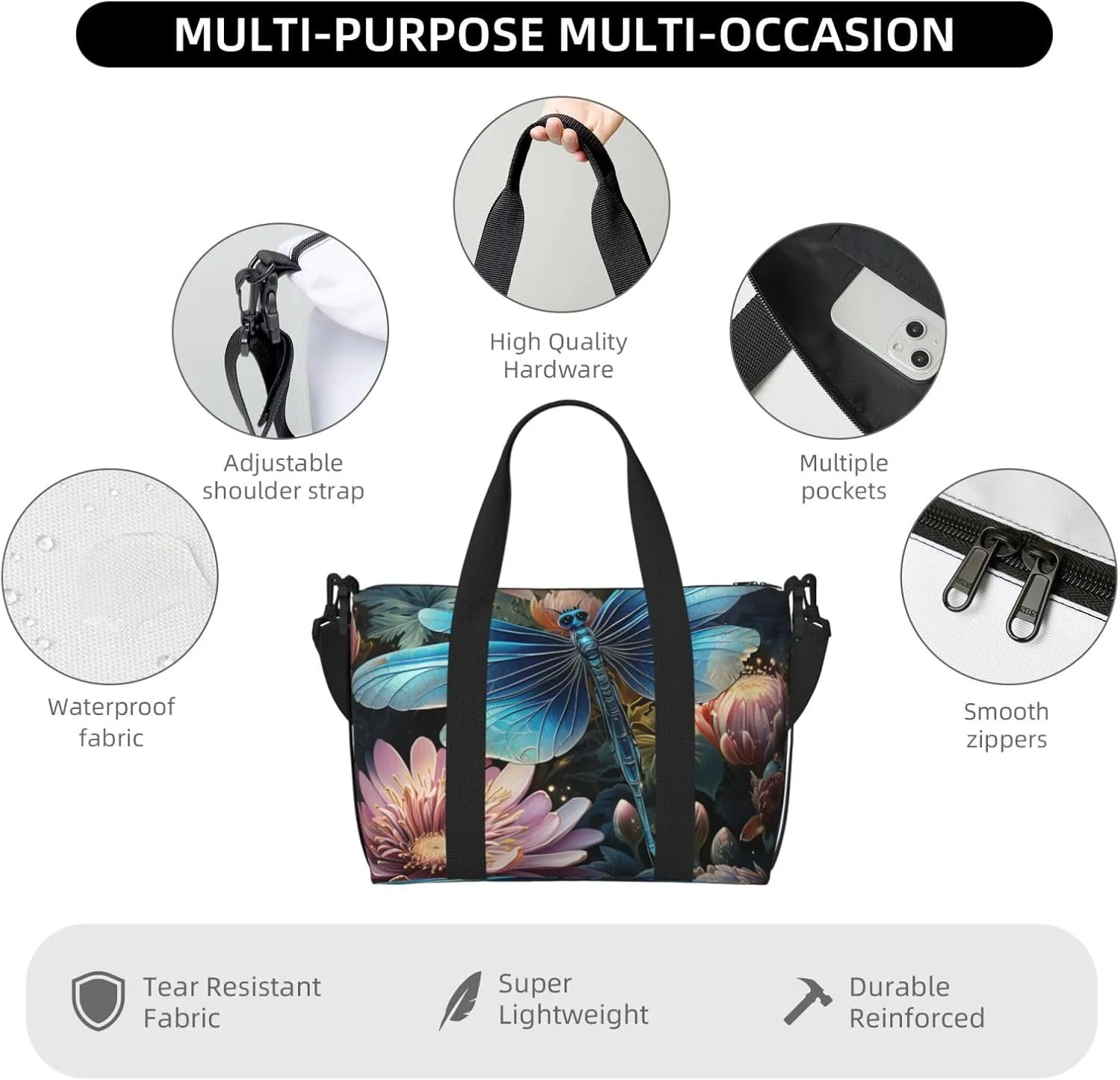 Gym Bag Water lily and dragonfly Duffel Bag for Men Women Travel Overnight Bag with Shoe Compartment Workout Bags