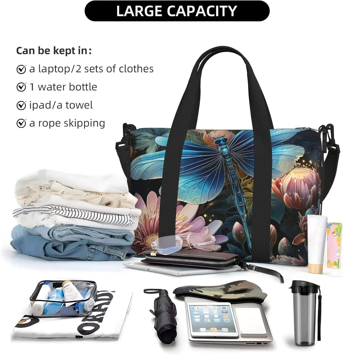 Gym Bag Water lily and dragonfly Duffel Bag for Men Women Travel Overnight Bag with Shoe Compartment Workout Bags