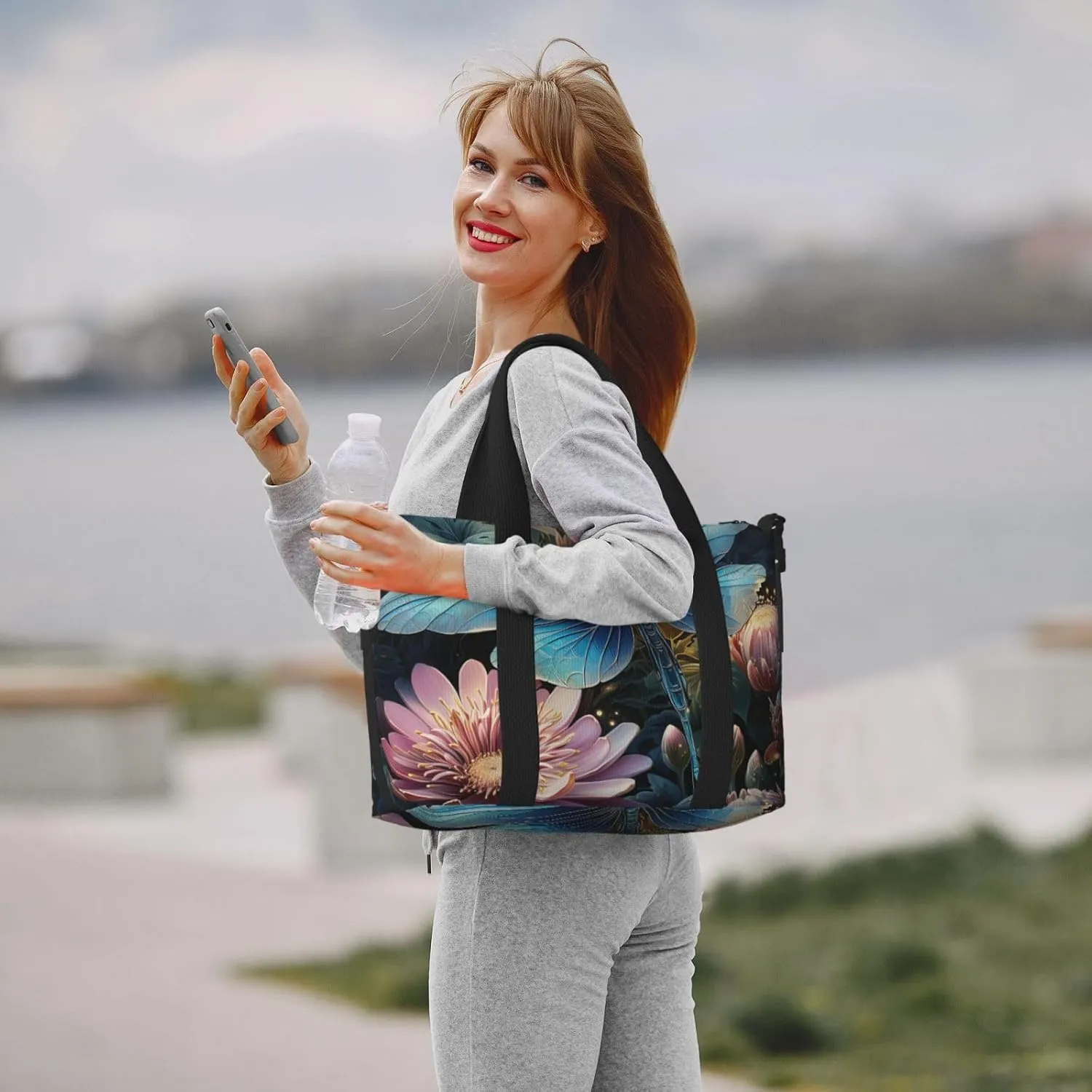 Gym Bag Water lily and dragonfly Duffel Bag for Men Women Travel Overnight Bag with Shoe Compartment Workout Bags