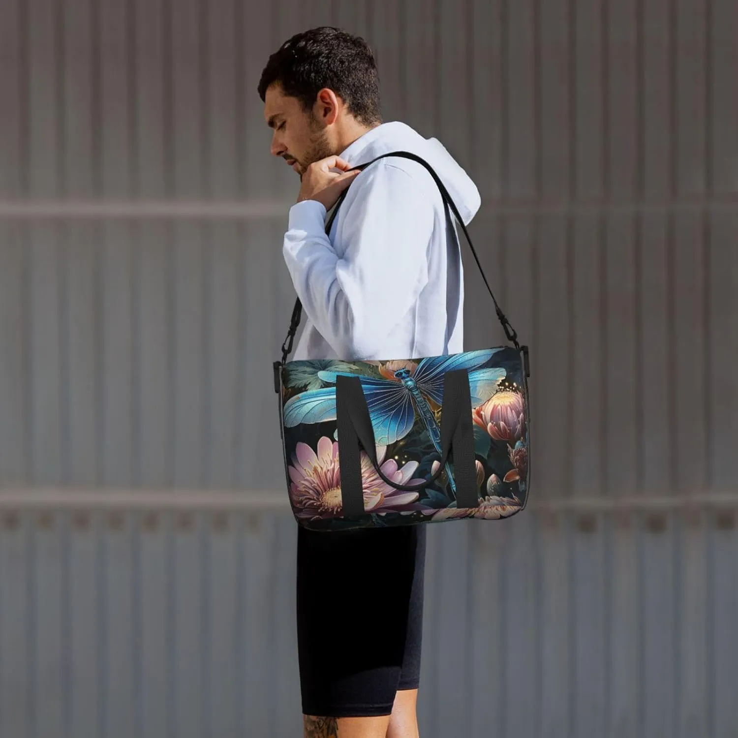 Gym Bag Water lily and dragonfly Duffel Bag for Men Women Travel Overnight Bag with Shoe Compartment Workout Bags