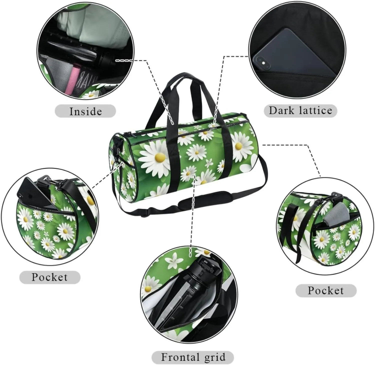 Gym Bags for Women,Duffle Bag for Travel,Daisy Green Background,Gym Bag for Men
