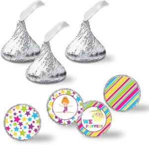 Gymnastics & Tumbling Themed Birthday Party Kiss Sticker Labels for Girls, 300 Party Circle Sticker sized 0.75” for Chocolate Drop Kisses by AmandaCreation, Great for Party Favors, Envelope Seals & Go