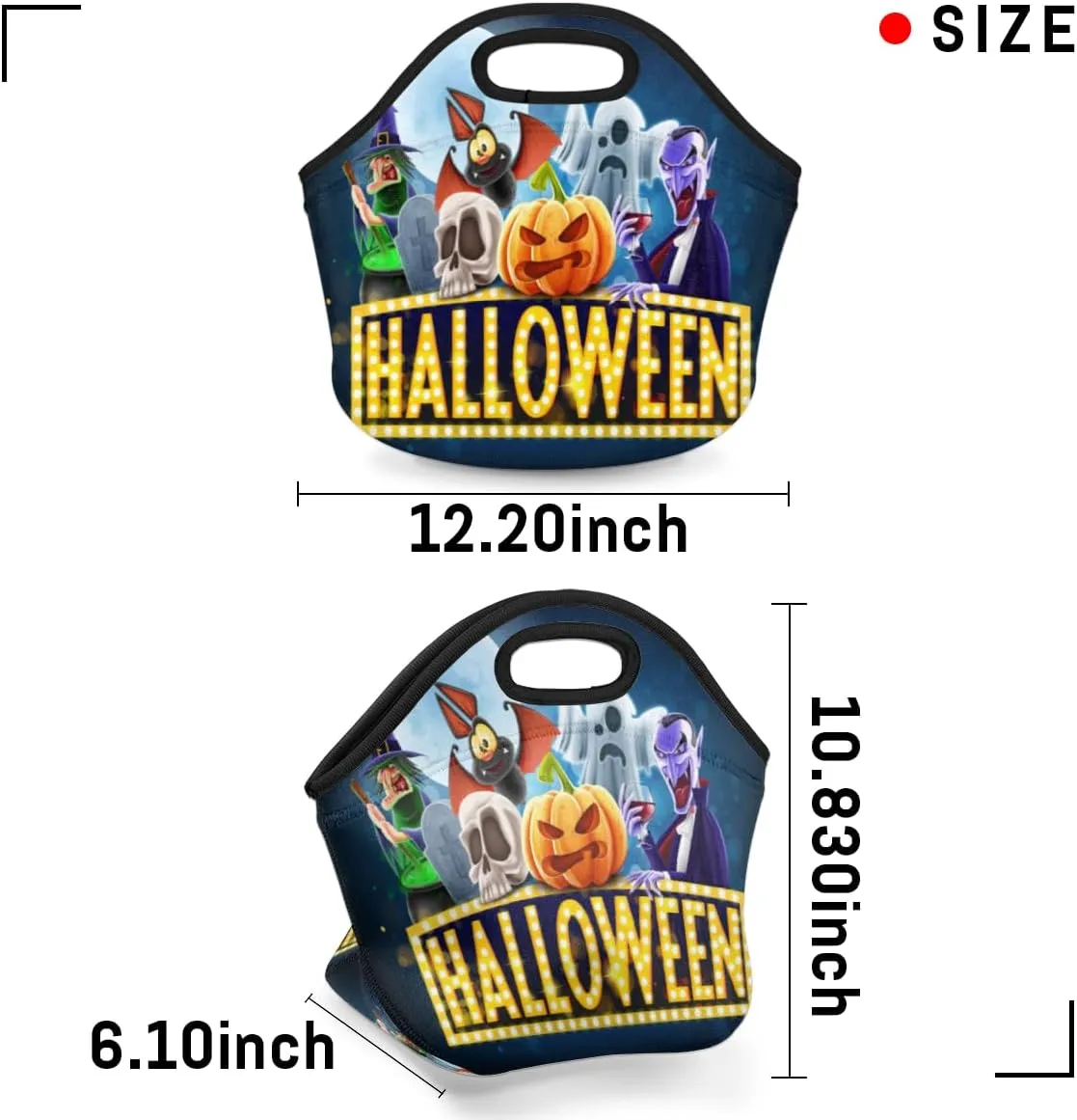 Halloween Topic Neoprene Lunch Bag Reusable Insulated Lunch Box Soft Lightweight Lunch Tote Bag for Women Men Work Office Washable Meal Prep Bags