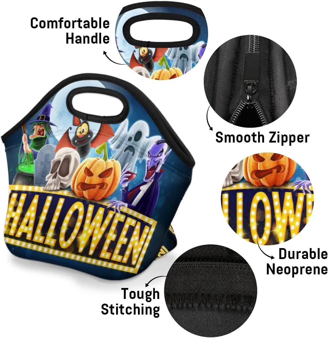 Halloween Topic Neoprene Lunch Bag Reusable Insulated Lunch Box Soft Lightweight Lunch Tote Bag for Women Men Work Office Washable Meal Prep Bags