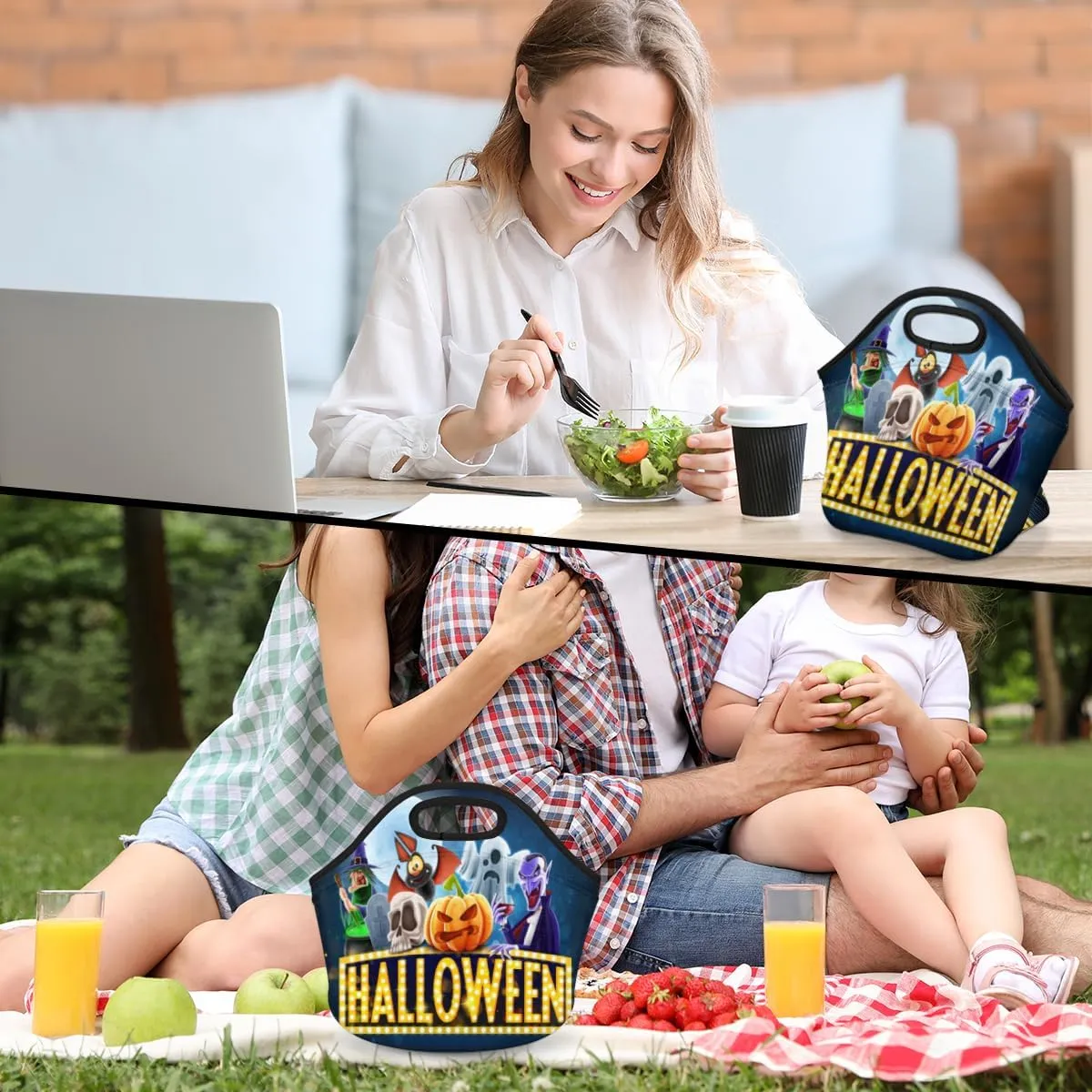 Halloween Topic Neoprene Lunch Bag Reusable Insulated Lunch Box Soft Lightweight Lunch Tote Bag for Women Men Work Office Washable Meal Prep Bags