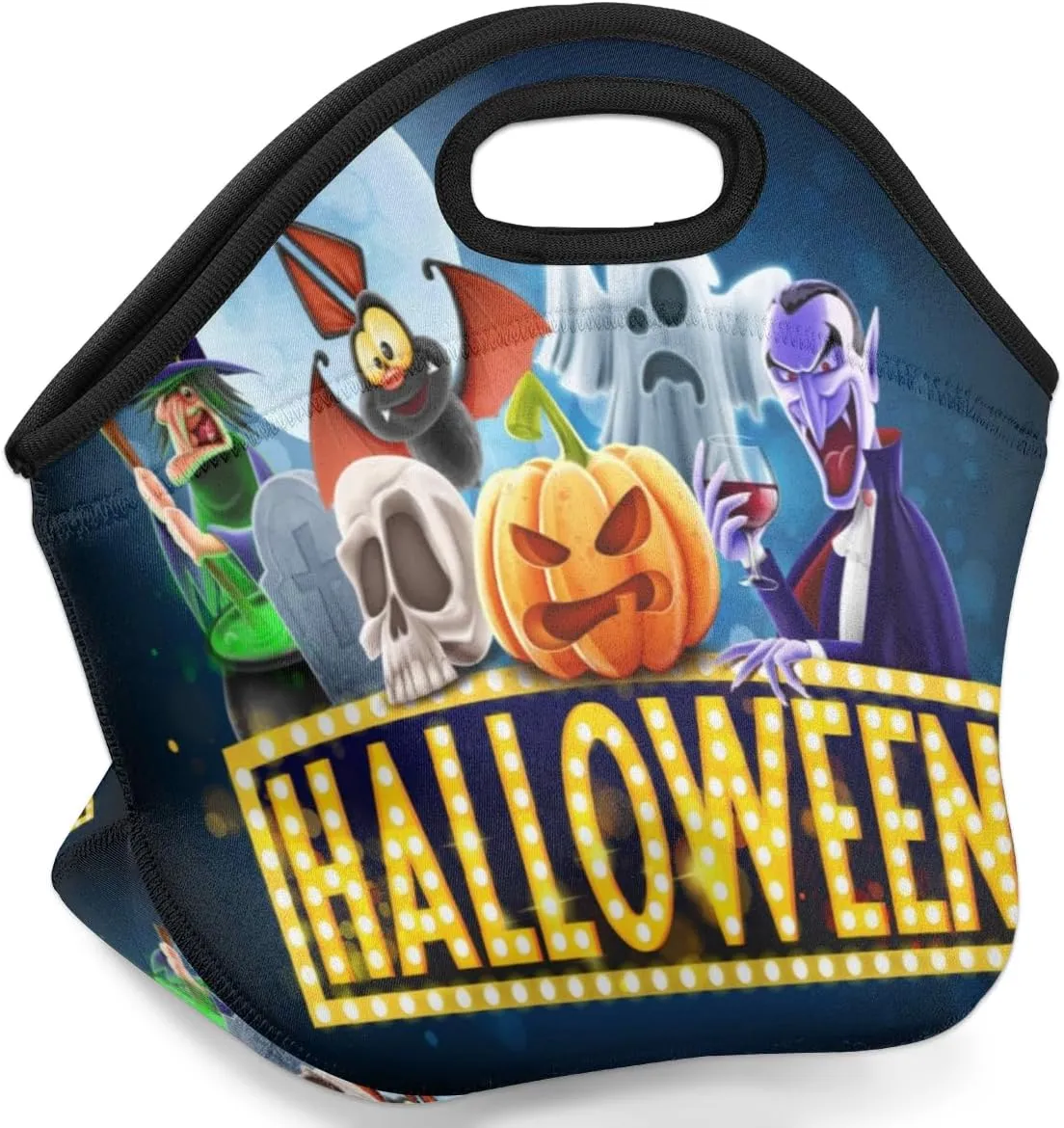 Halloween Topic Neoprene Lunch Bag Reusable Insulated Lunch Box Soft Lightweight Lunch Tote Bag for Women Men Work Office Washable Meal Prep Bags
