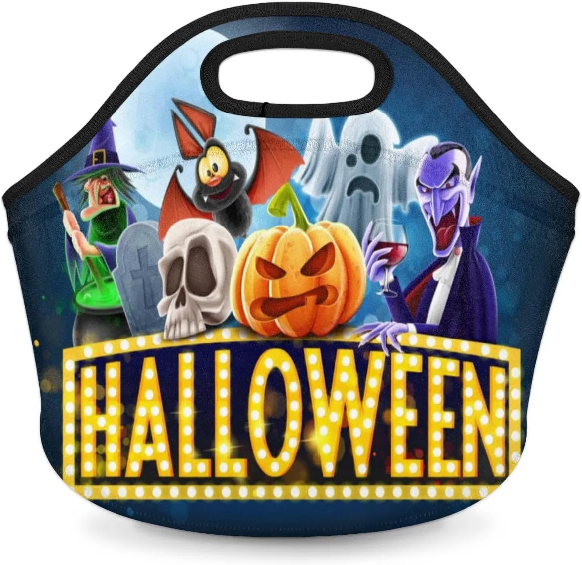 Halloween Topic Neoprene Lunch Bag Reusable Insulated Lunch Box Soft Lightweight Lunch Tote Bag for Women Men Work Office Washable Meal Prep Bags