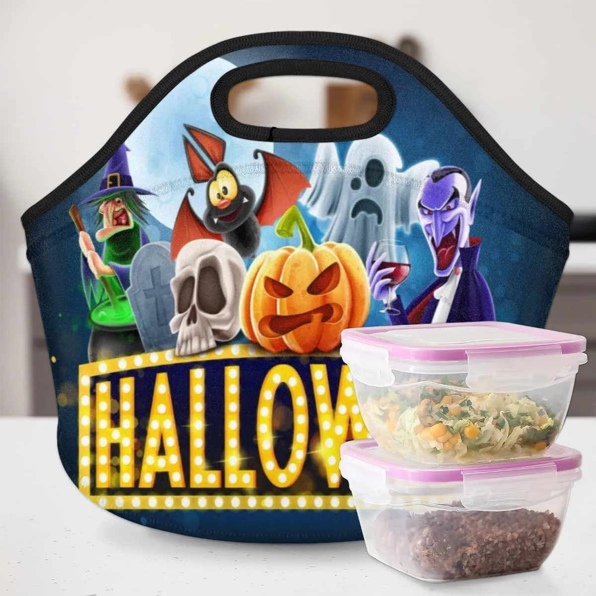 Halloween Topic Neoprene Lunch Bag Reusable Insulated Lunch Box Soft Lightweight Lunch Tote Bag for Women Men Work Office Washable Meal Prep Bags