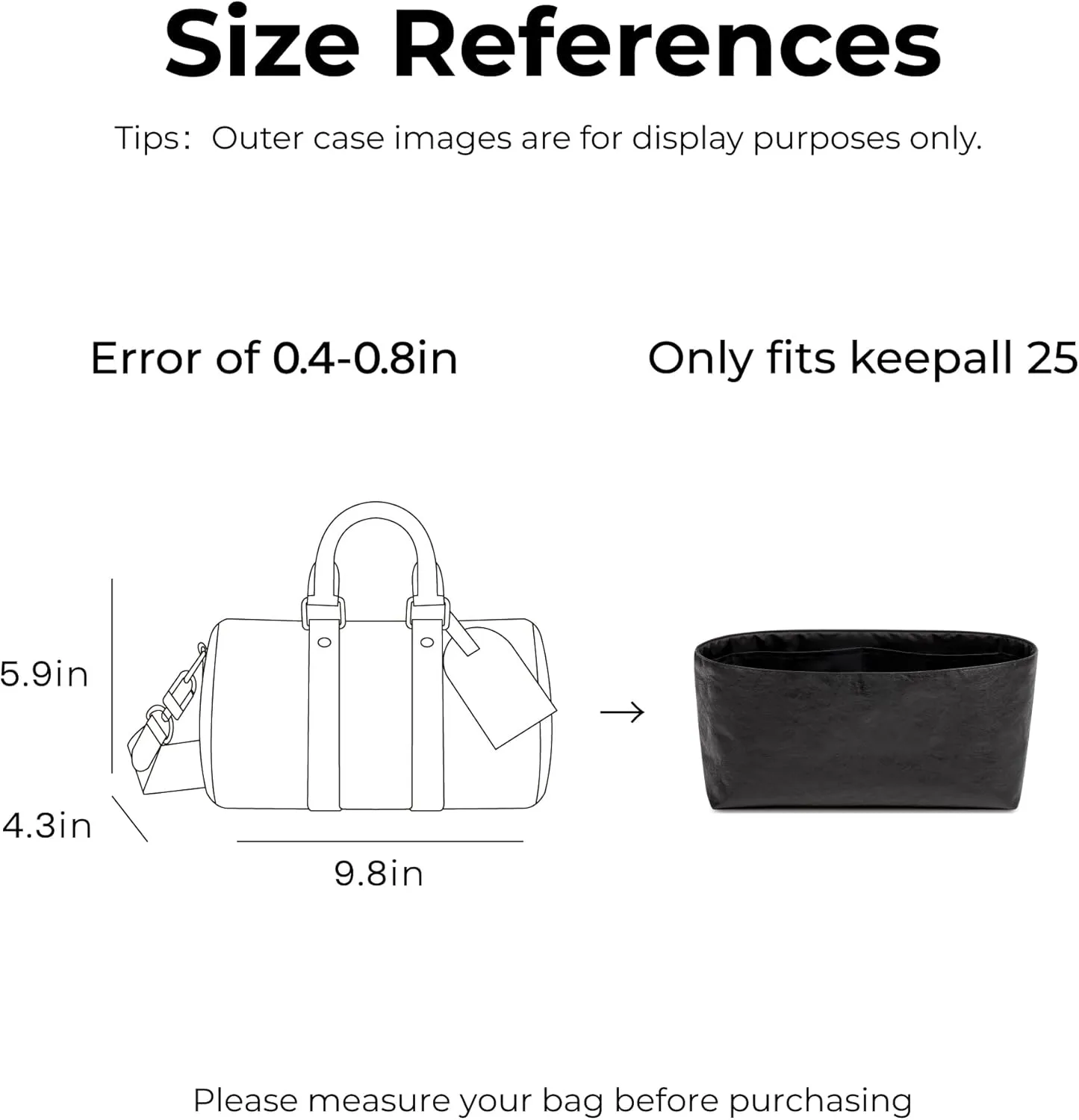 Handbag Organizer Insert for LV Keepall Bandoulière 25, Custom Fit Inside Premium Matte Black Lightweight Water Resistant Purse Insert Accessories