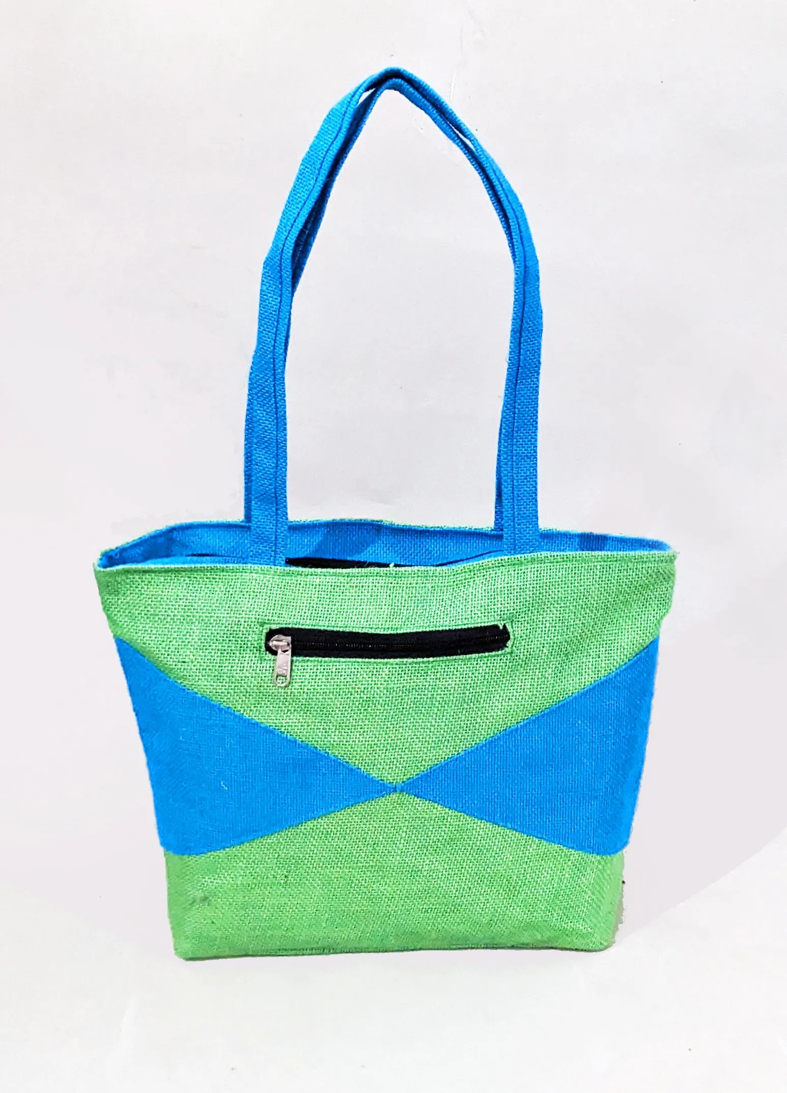 Handmakers Natural Green & Blue Jute Tote Bags for Womens
