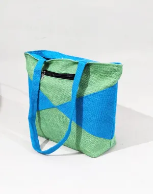Handmakers Natural Green & Blue Jute Tote Bags for Womens