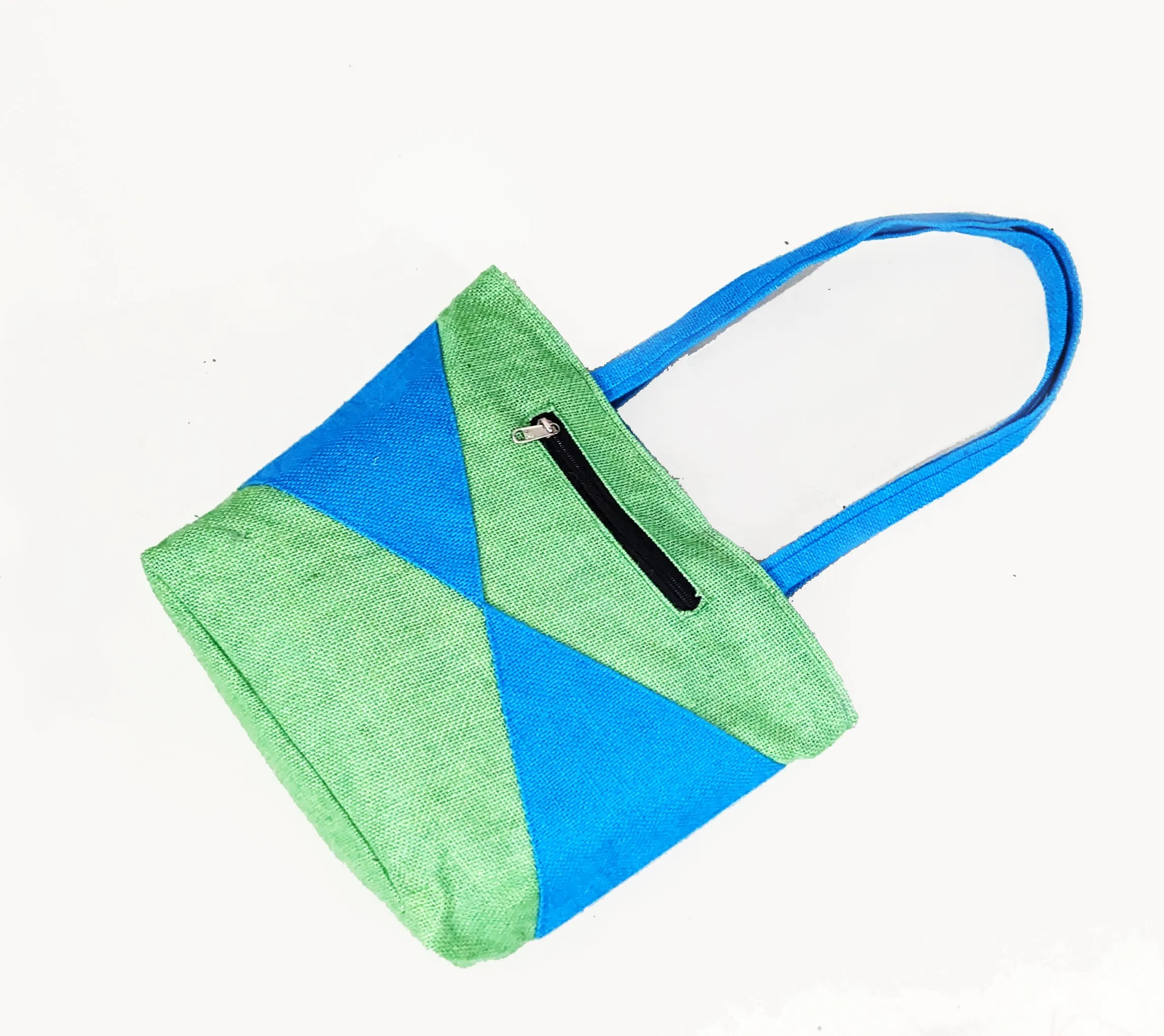 Handmakers Natural Green & Blue Jute Tote Bags for Womens
