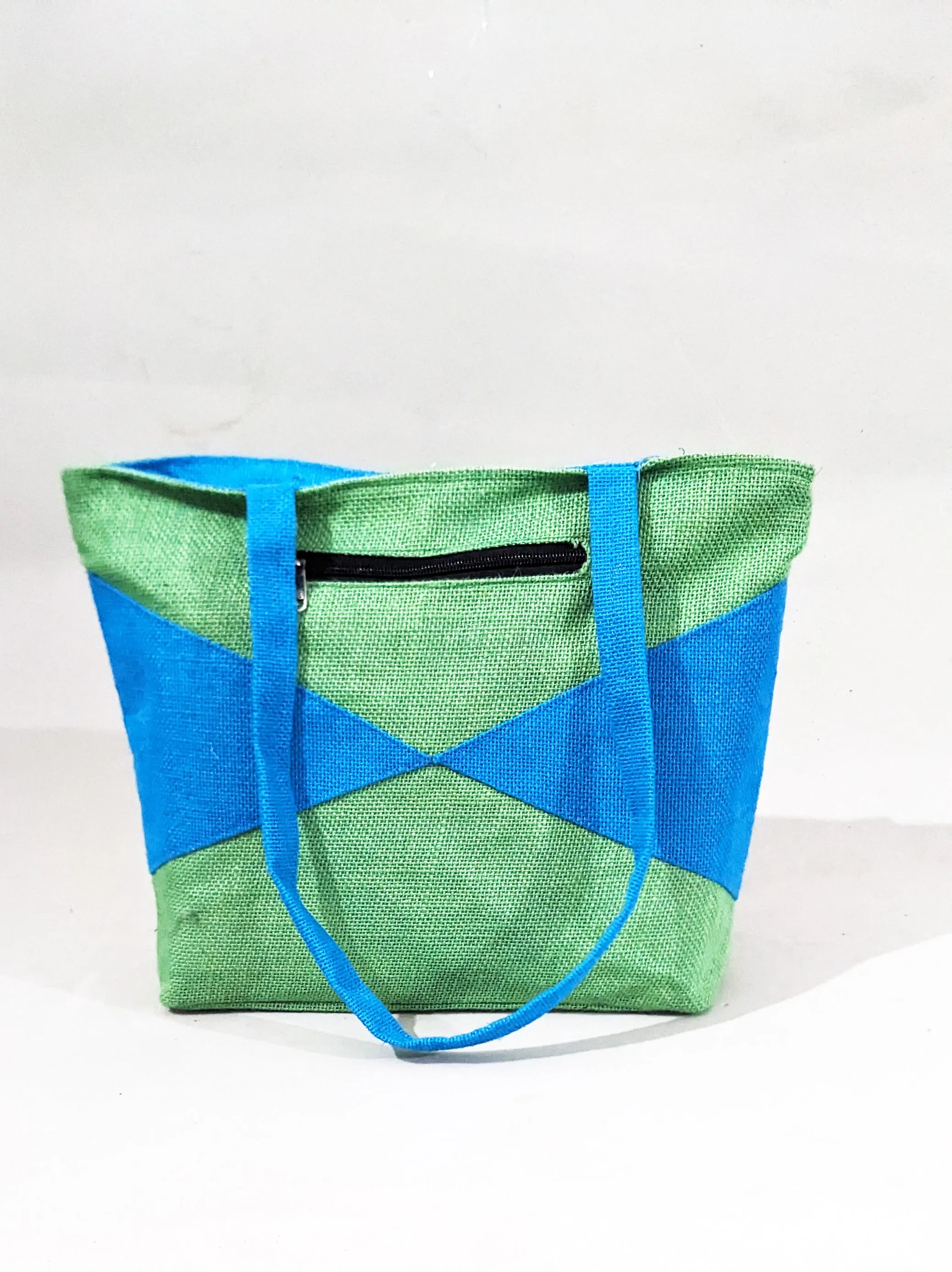 Handmakers Natural Green & Blue Jute Tote Bags for Womens