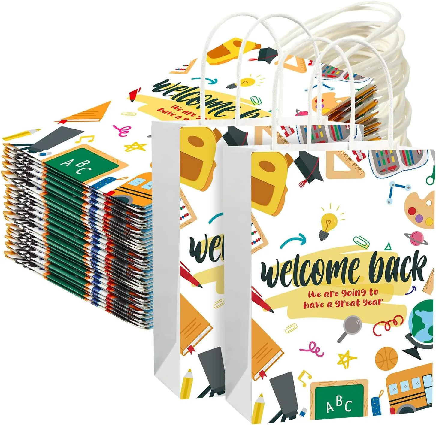 Harloon 24 Pieces Welcome Back to School Party Gift Bags Paper Goodie Welcome Gift Bags with Handles for Back to School Party Favors First Day of School Gift Wrapping, 5.91 x 3.15 x 8.27 Inch