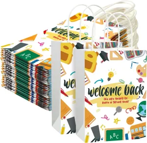 Harloon 24 Pieces Welcome Back to School Party Gift Bags Paper Goodie Welcome Gift Bags with Handles for Back to School Party Favors First Day of School Gift Wrapping, 5.91 x 3.15 x 8.27 Inch
