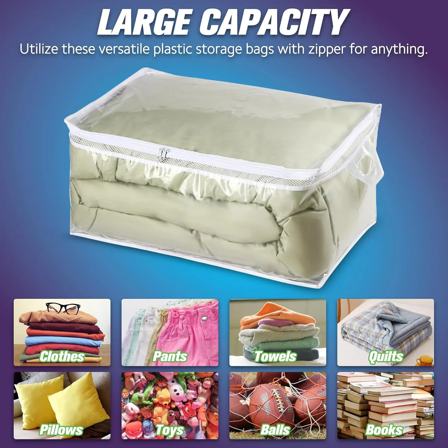 HIBAG 20 Gallon Large Storage Bag for Clothes, Zipper Clothing Storage Bag, Clear Organizer with Reinforced Handles, for Comforters Blankets Pillows Bedding (4 Pack)