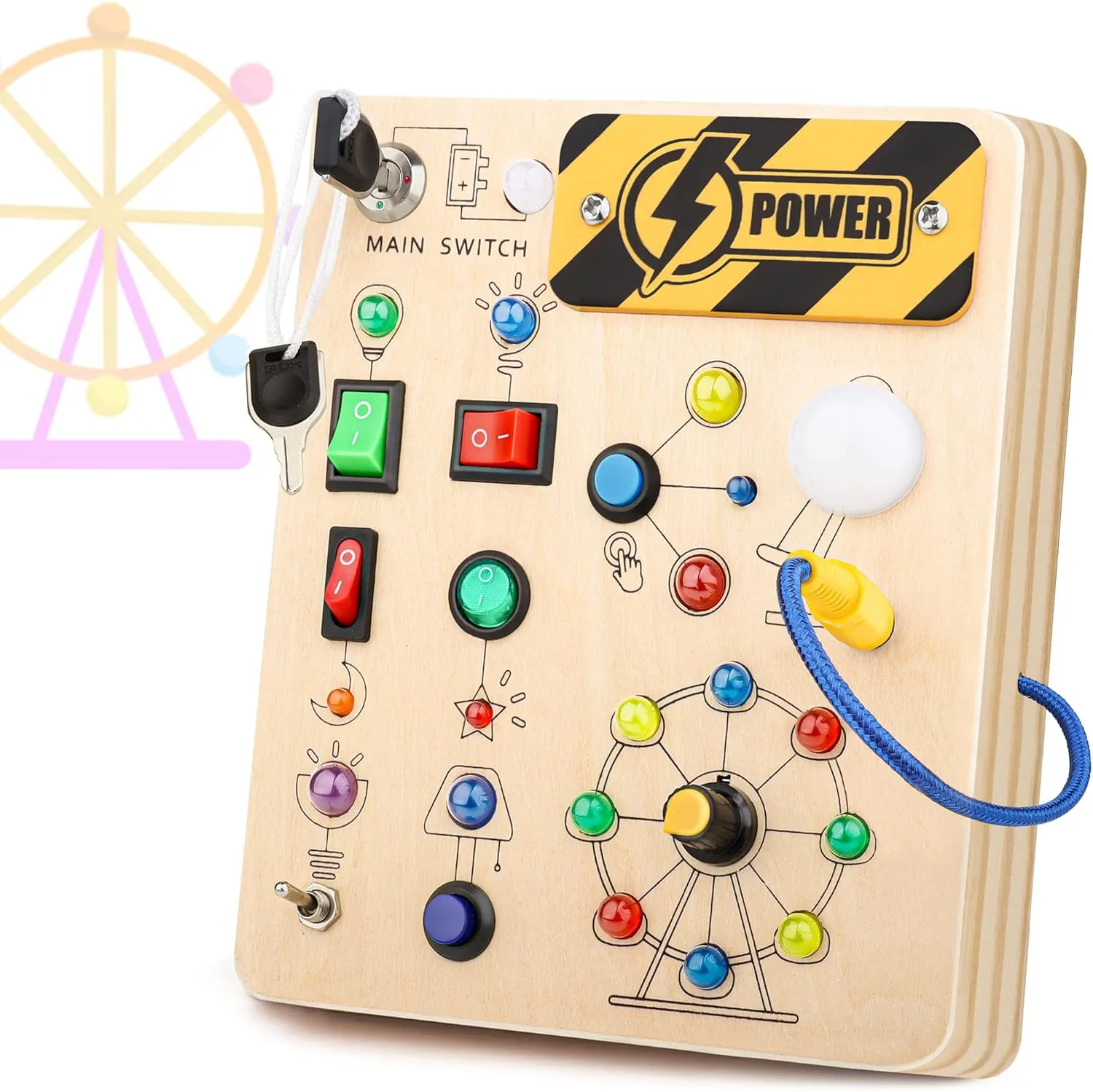 Hikoshi Montessori Busy Board for Toddlers 1-3 - Sensory LED Light Switch Board Toy, Wooden Montessori Travel Toys for Toddler 1 2 3 4 Years Old Boys Girls