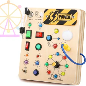 Hikoshi Montessori Busy Board for Toddlers 1-3 - Sensory LED Light Switch Board Toy, Wooden Montessori Travel Toys for Toddler 1 2 3 4 Years Old Boys Girls