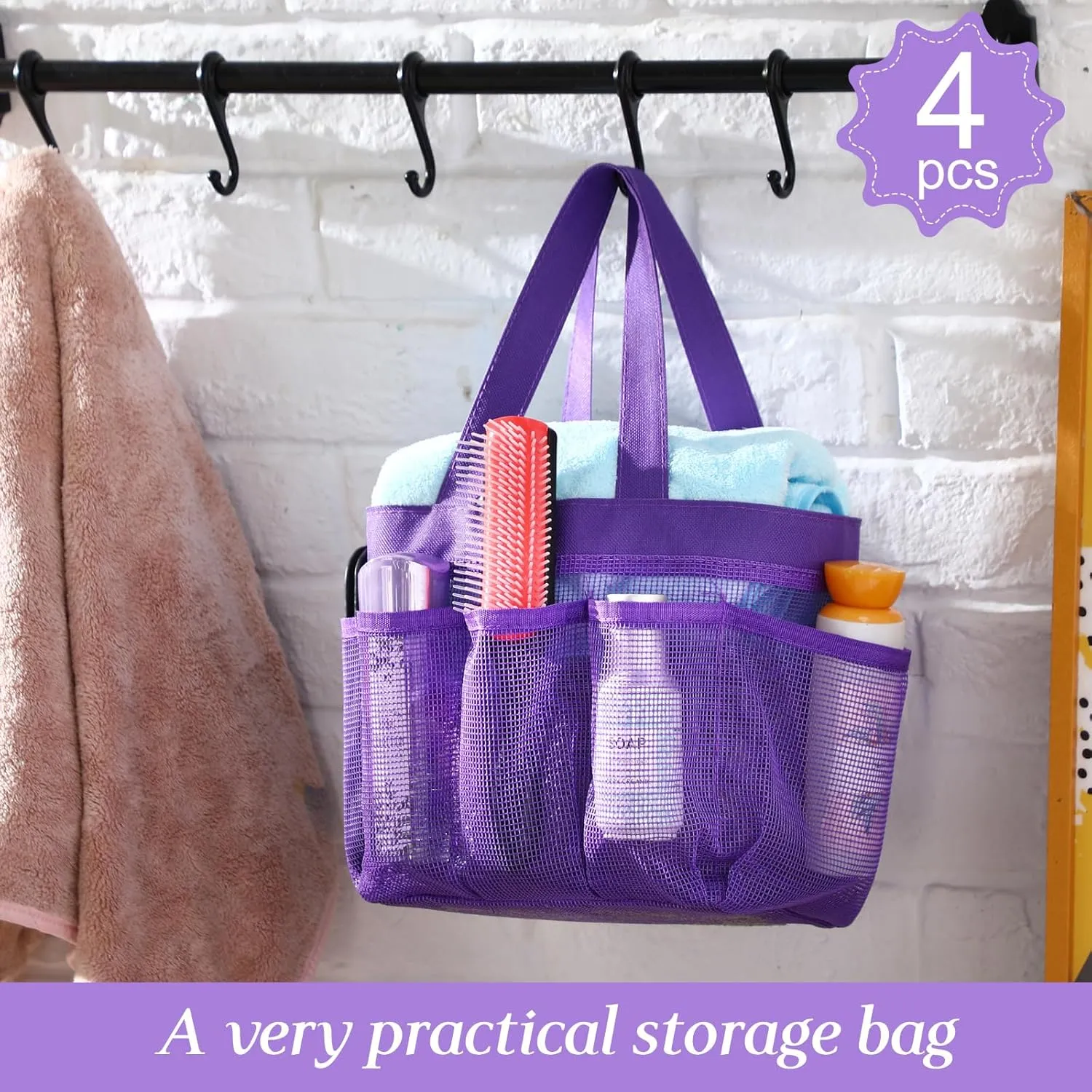 Hillban 4 Pcs Mesh Shower Caddy Portable Large Quick Dry Shower Caddy Basket with Deeper 8 Pockets and 2 Handles Hanging Bag for College Dorm Room (Purple)