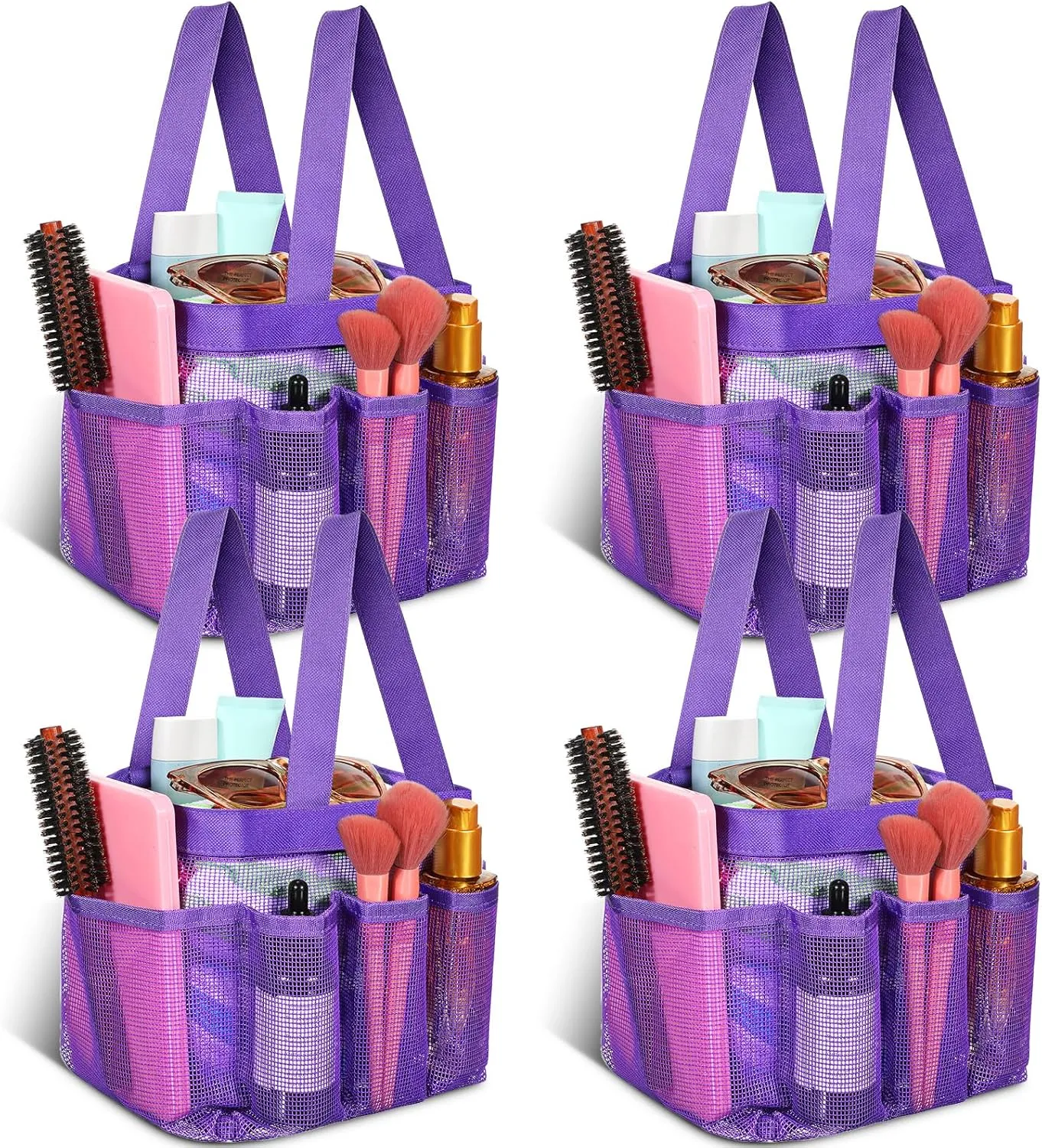 Hillban 4 Pcs Mesh Shower Caddy Portable Large Quick Dry Shower Caddy Basket with Deeper 8 Pockets and 2 Handles Hanging Bag for College Dorm Room (Purple)